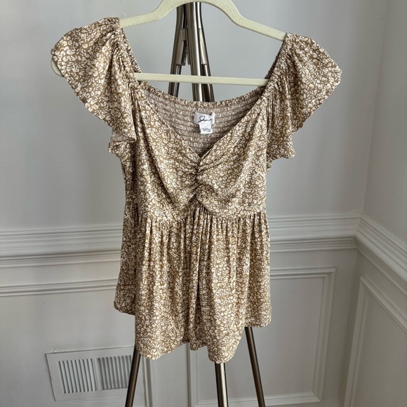 Japna Tops - Japna Brown and Cream Floral Ruffled Sleeves Boho Top Size XS